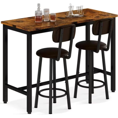 LinkRomat Bar Table Set,39.3" Bar Height Pub Table with 2 Upholstered Stools,Faux Marble Top Small Dining Set,Compact Kitchen Table for Small Spaces