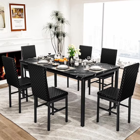 Cvortll Durable and Sturdy Construction 7 Piece Adult Modern Marble Dining Table with Chair Black