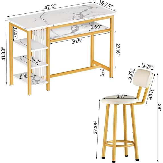 MOOSENG 3-Piece Bar Table and Chairs Set, Faux Marble Kitchen Counter Table with 2 PU Upholstered Bar Stools, Bistro Table with 3-Tier Storage Shelves, Space Saving for Small Space