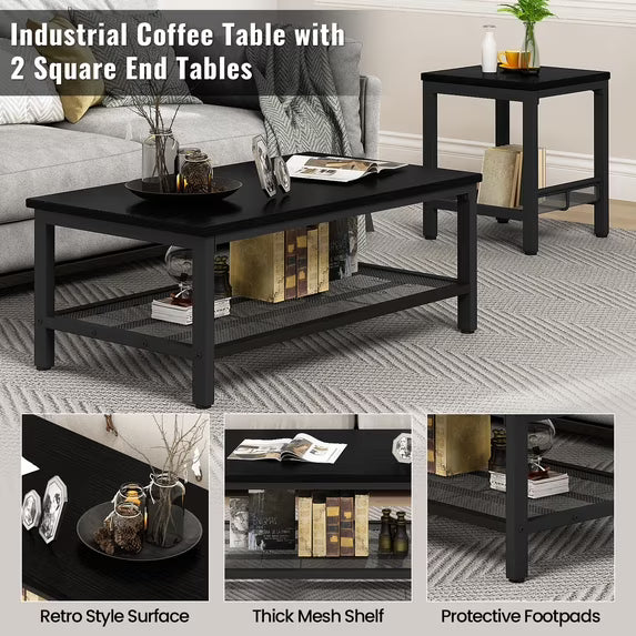 MOOSENG Coffee Table Set of 3, Industrial Vintage Wood Coffee Table with 2 Square End Side Tables, Easy Assembly Living Room Table Set for Offices, Living Rooms and Apartments