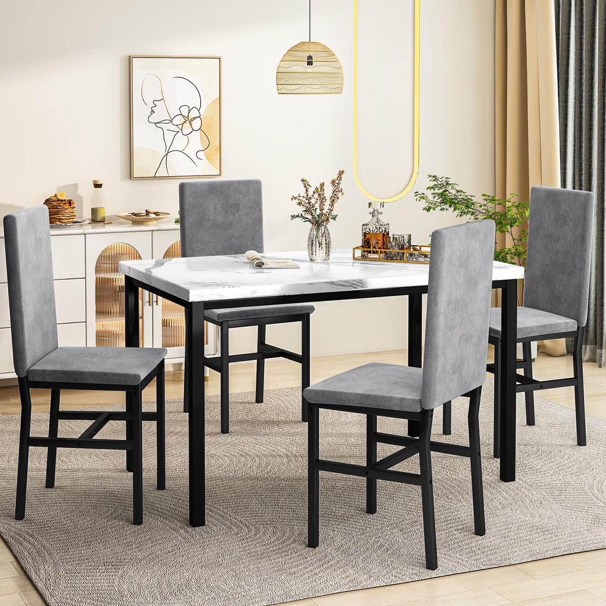 MOOSENG Small Dining Table Set for 4, 5 Pieces Dining Room Sets with Faux Marble Table & Velvet Chairs, Modern Kitchen Table Set with Chair for 4