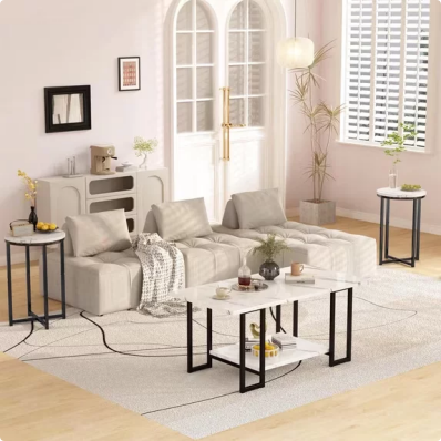 LinkRomat 3-Pieces Living Room Table Sets, Modern Faux Marble Coffee Table with 2 Round End Side Tables, Compact Space Coffee Table Sets for Apartment Home Office
