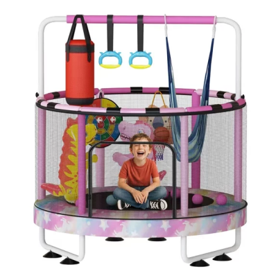 LinkRomat Round Trampoline for Kids, Indoor & Outdoor Toddler Trampoline with Enclosure, Adjustable Height Handrail & Durable Designs for Boys & Girls, 500lbs Capacity, 7-in-1, 55"