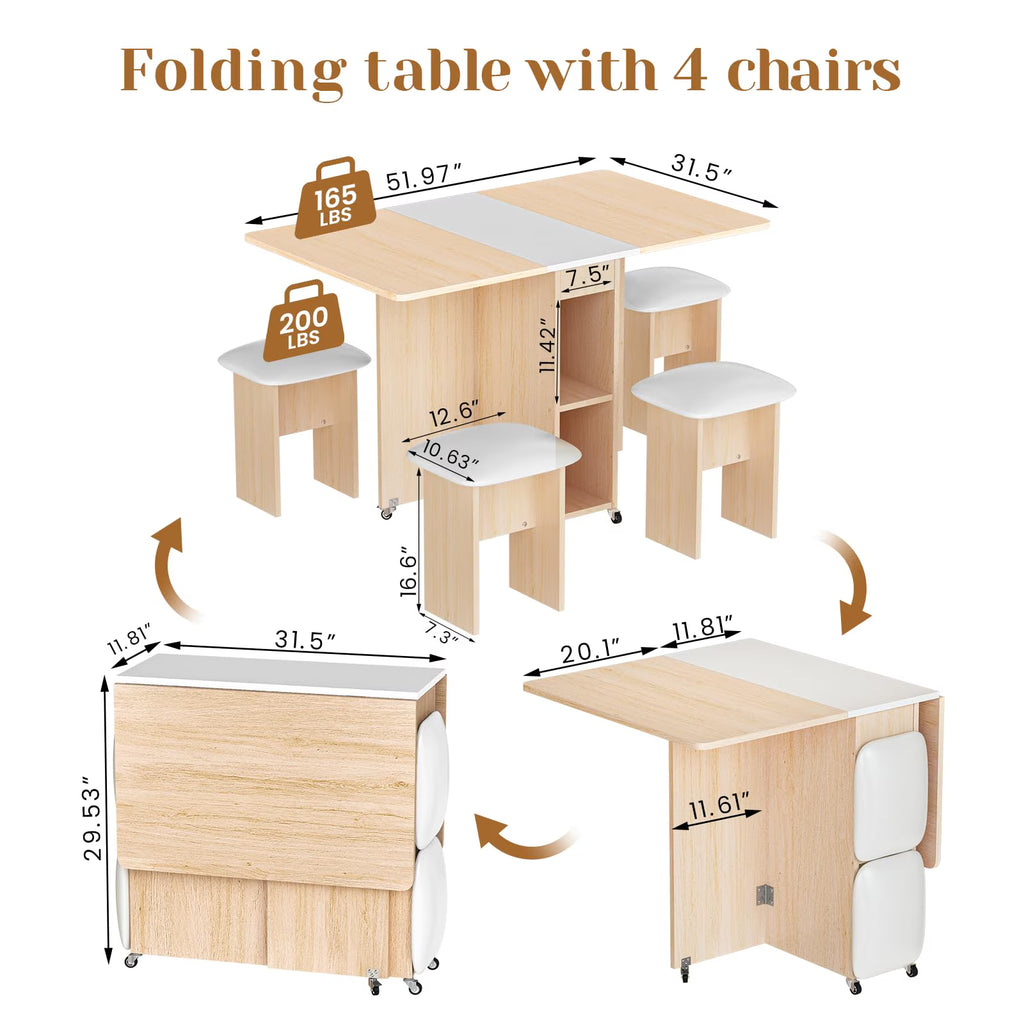 MOOSENG Folding Dining Table Set for 4, Dinner Table with 4 Leather Chairs and Shelves, Space Saving Foldable Dining Table with 6 Wheels, Kitchen Table Set for Small Spaces