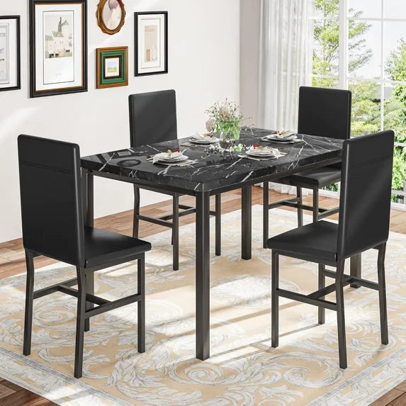 MOOSENG 5 Piece Dining Table Set for 4, Faux Marble Kitchen Table and Chairs for 4, Modern Dining Room Table with 4 Chairs, Dinner Table Set for Small Spaces, Black