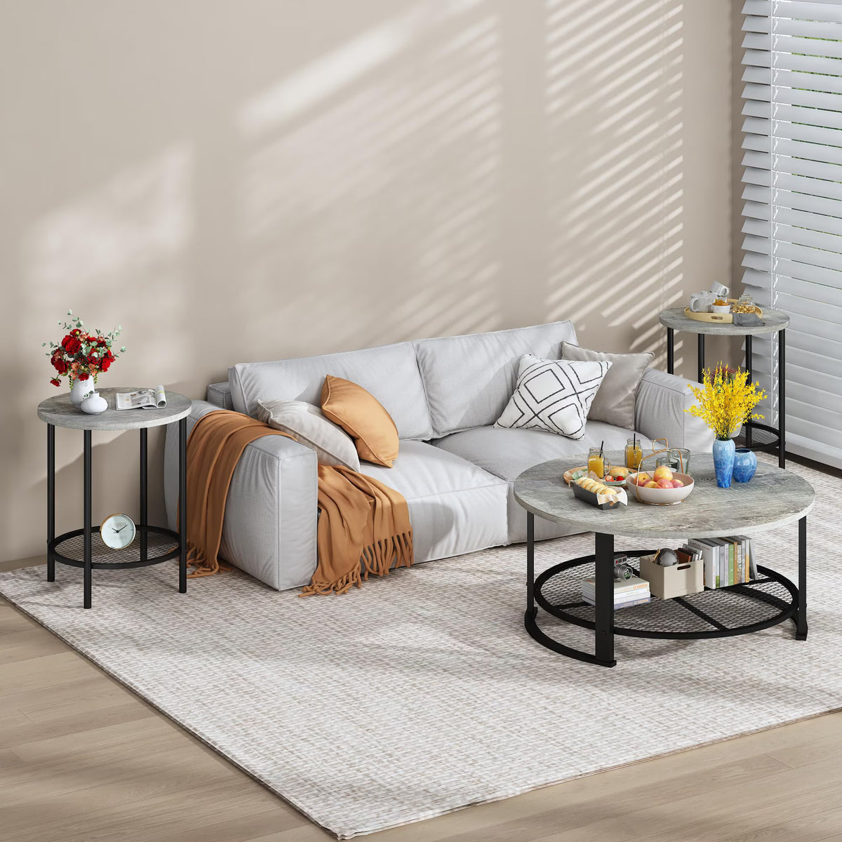 MOOSENG Coffee Table Set of 3, Industrial Vintage Wood Coffee Table with 2 Square End Side Tables, Easy Assembly Living Room Table Set for Offices, Living Rooms and Apartments