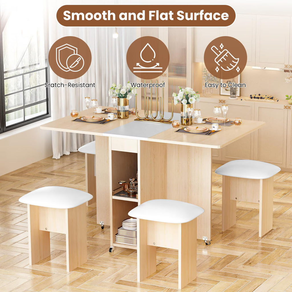 MOOSENG Folding Dining Table Set for 4, Dinner Table with 4 Leather Chairs and Shelves, Space Saving Foldable Dining Table with 6 Wheels, Kitchen Table Set for Small Spaces
