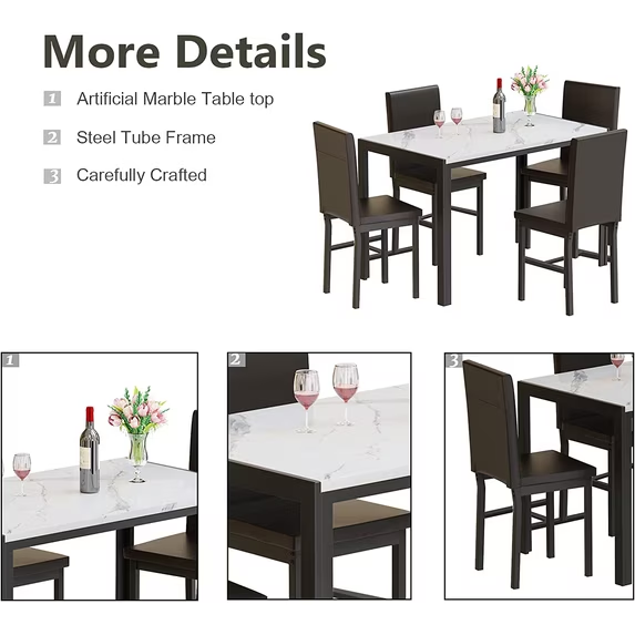 Cvortll 5‑Piece Dining Table Set, Seats 4, Faux Marble Tabletop with Faux Leather Metal Frame Chairs for Dining Room, Kitchen, Breakfast Nook