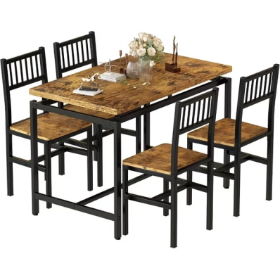 LinkRomat Industrial Dining Table Set for 4,Rectangular Kitchen Table with 4 Curved Chairs,Compact Table Set for Dining Room,Breakfast Nook & Small Space