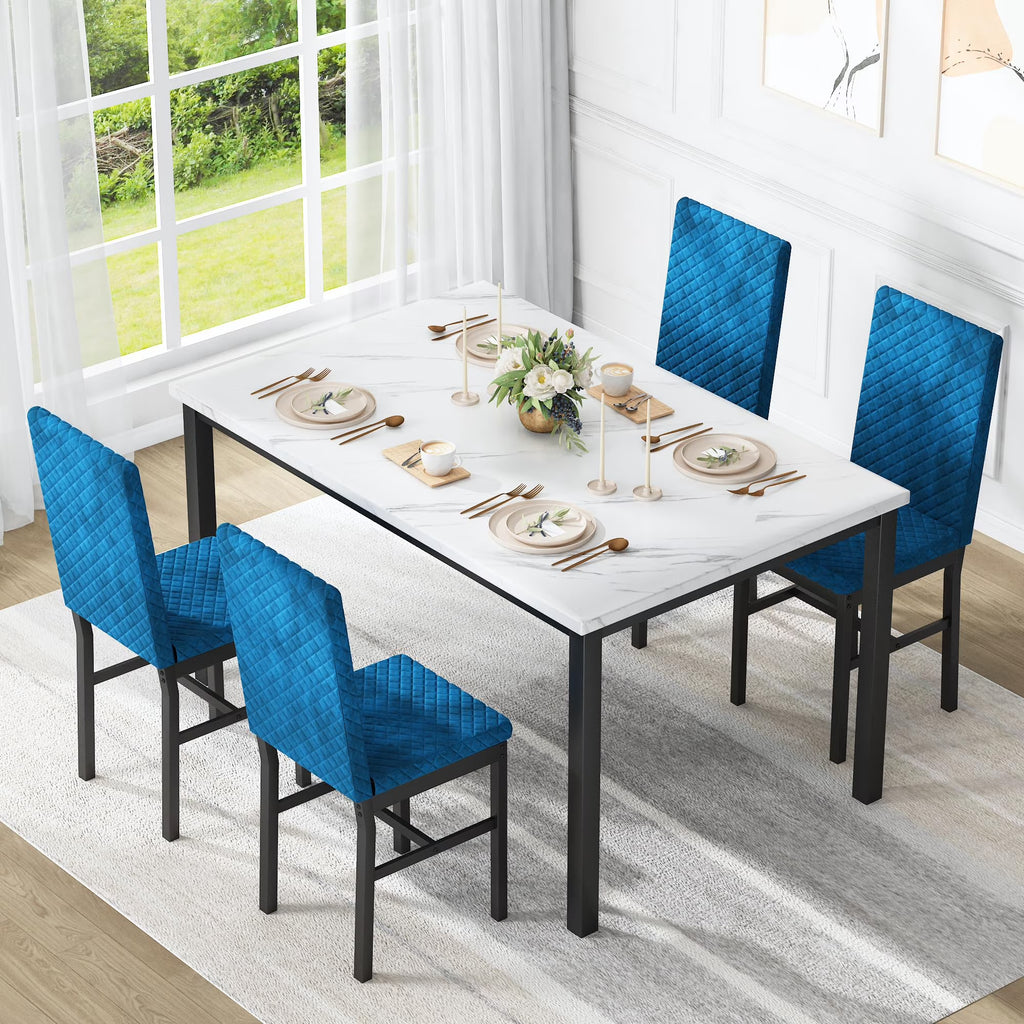 MOOSENG Small Dining Table Set for 4, 5 Pieces Dining Room Sets with Faux Marble Table & Velvet Chairs, Modern Kitchen Table Set with Chair for 4