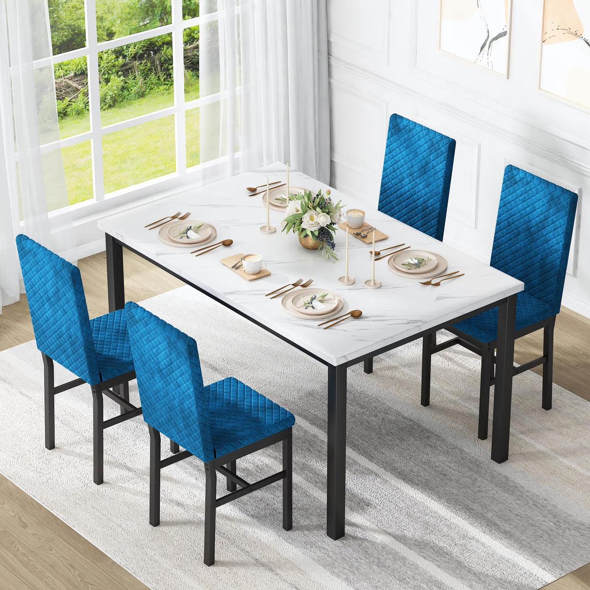 MOOSENG Small Dining Table Set for 4, 5 Pieces Dining Room Sets with Faux Marble Table & Velvet Chairs, Modern Kitchen Table Set with Chair for 4