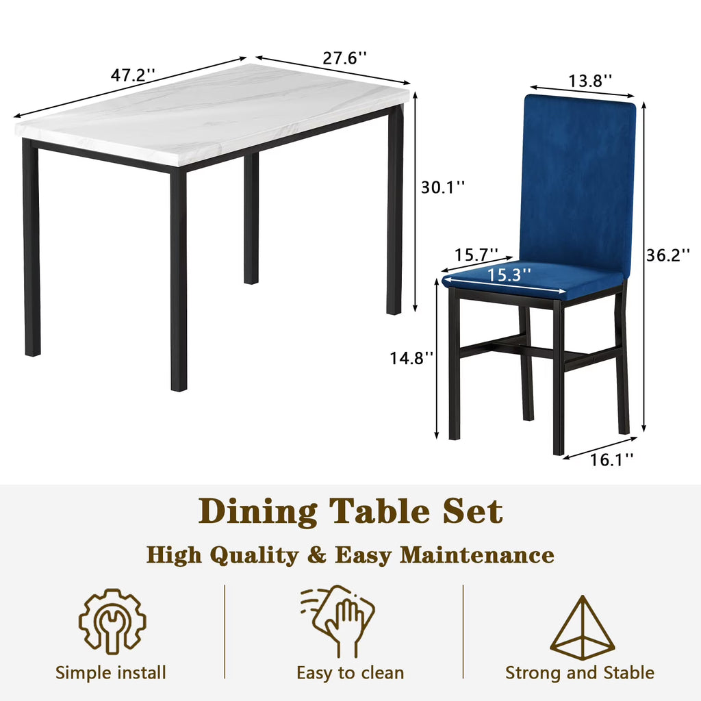 MOOSENG Small Dining Table Set for 4, 5 Pieces Dining Room Sets with Faux Marble Table & Velvet Chairs, Modern Kitchen Table Set with Chair for 4