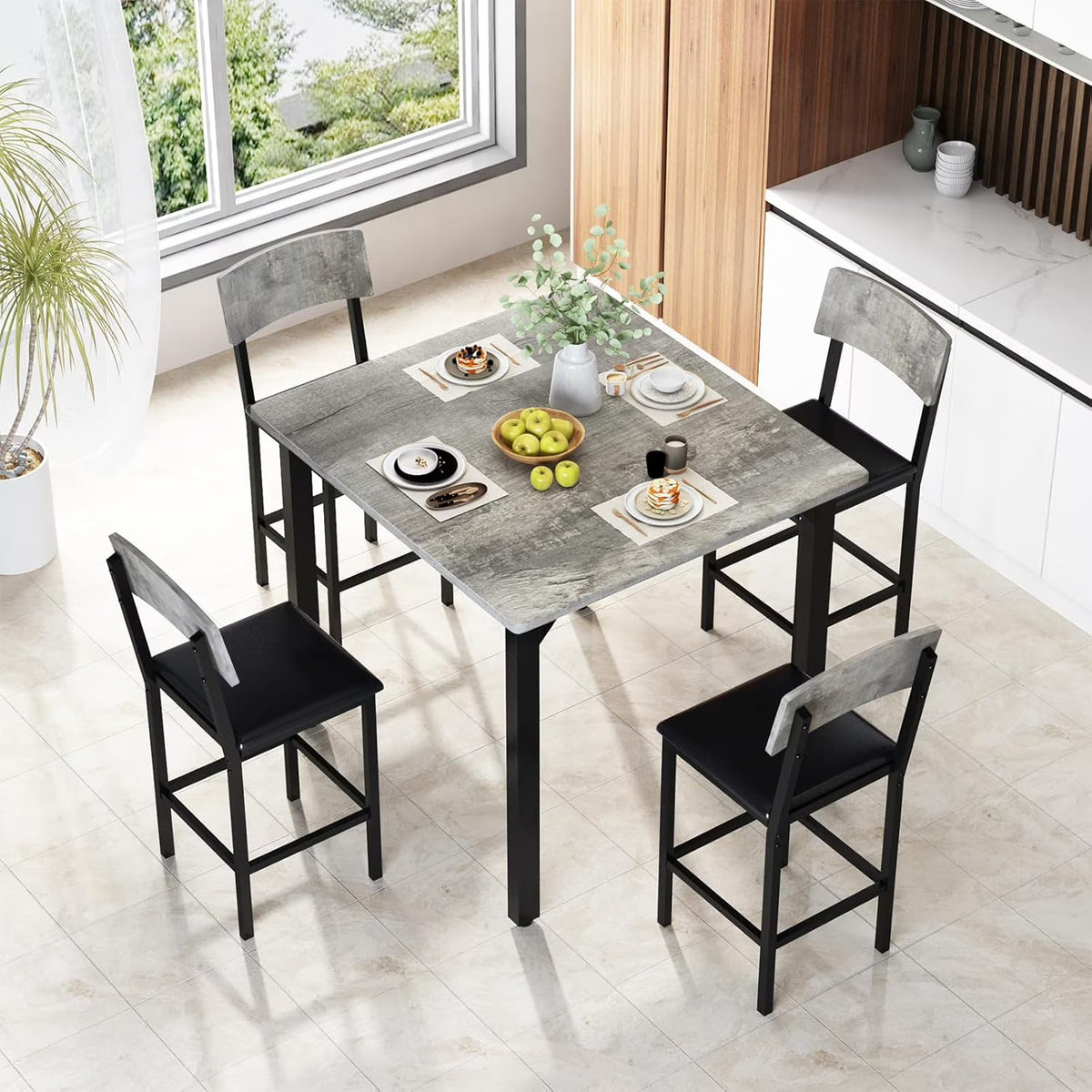 MOOSENG 5-Piece Counter Height Dining Table Set, Square Kitchen Table Set for 4 & 4 Velvet Bar Stools, Modern High Top Compact Dining Set Table for Small Spaces