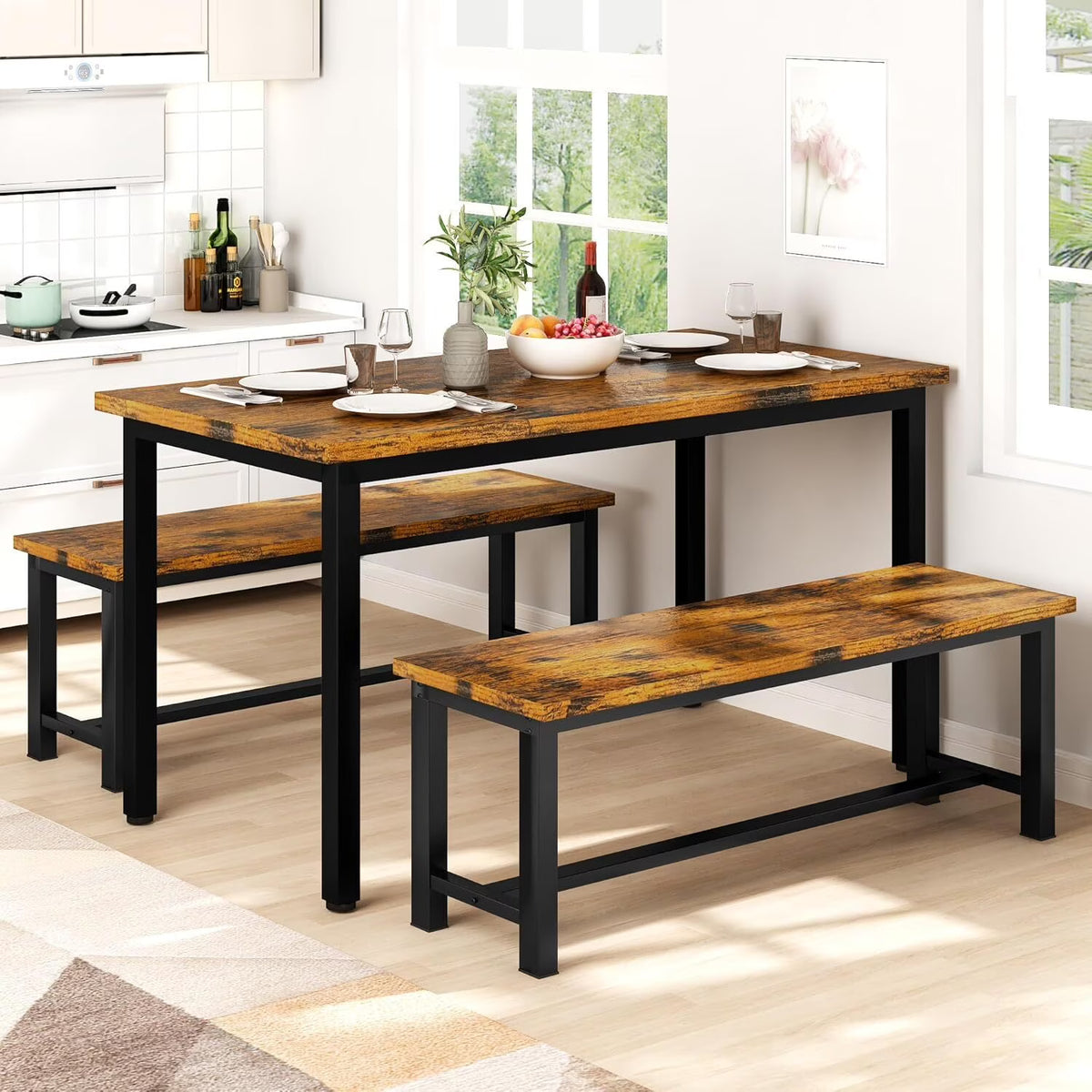 MOOSENG 2 Pack 39 Inch Industrial Dining Bench Set of 2 Black Kitchen Bench with Metal Legs Durable and Stable for Dining Room Living Room Bedroom Entryway