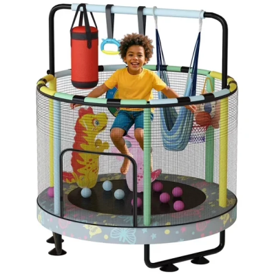 LinkRomat Round Trampoline for Kids, Indoor & Outdoor Toddler Trampoline with Enclosure, Adjustable Height Handrail & Durable Designs for Boys & Girls, 500lbs Capacity, 7-in-1, 55"