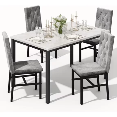 LinkRomat Dining Table Set for 4, Faux Marble Kitchen Table and Chairs, 5 Piece Small Dining Room Set with Button Tufted Upholstered Chairs, Gray