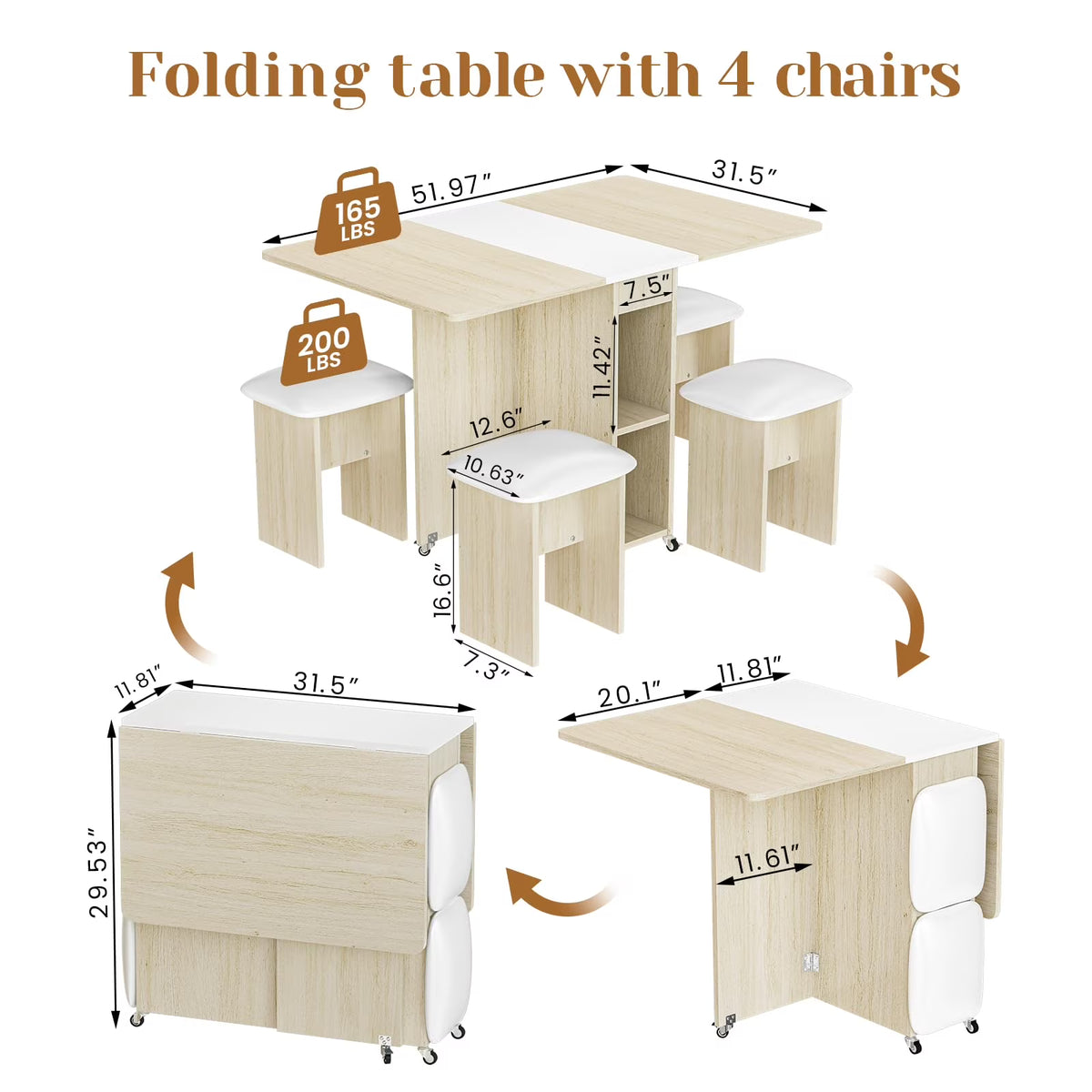MOOSENG Folding Dining Table Set for 4, Dinner Table with 4 Leather Chairs and Shelves, Space Saving Foldable Dining Table with 6 Wheels, Kitchen Table Set for Small Spaces