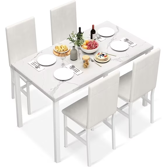 Cvortll 5 Piece Dining Room Furniture Table Set，30.1” H Faux Marble Tabletop and 4 PU Leather Chairs