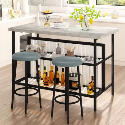 LinkRomat Kitchen Island with Stools & Storage, 3 Piece Modern Bar Table Set for 2, Small Kitchen Table for Apartment, Home Bar, Dining Room,