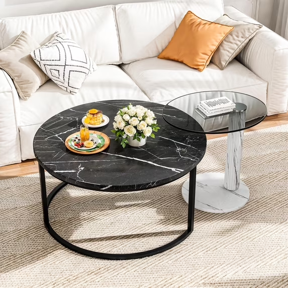 LinkRomat 2-Piece Round Coffee Table Set，Modern Marble & Glass Tops with Metal Legs for Living Room, Bedroom, Balcony (Black)