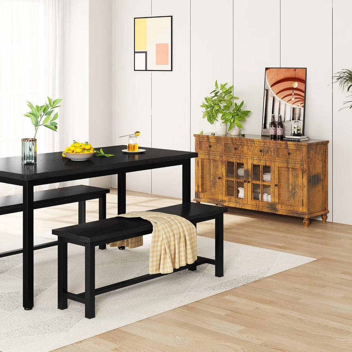 MOOSENG 2 Pack 39 Inch Industrial Dining Bench Set of 2 Black Kitchen Bench with Metal Legs Durable and Stable for Dining Room Living Room Bedroom Entryway