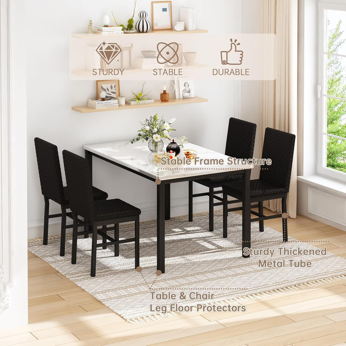 MOOSENG Small Dining Table Set for 4, 5 Pieces Dining Room Sets with Faux Marble Table & Velvet Chairs, Modern Kitchen Table Set with Chair for 4