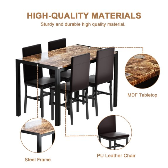 Cvortll Dining Table Set for 4, Modern Faux Marble Kitchen Table Set with 4 Leather Upholstered Chairs, 5-Piece Dinette for Dining Room, Nooks