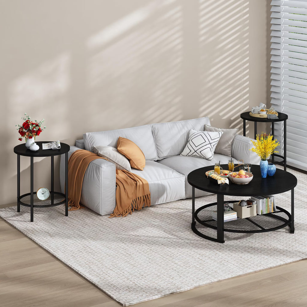 MOOSENG Coffee Table Set of 3, Industrial Vintage Wood Coffee Table with 2 Square End Side Tables, Easy Assembly Living Room Table Set for Offices, Living Rooms and Apartments