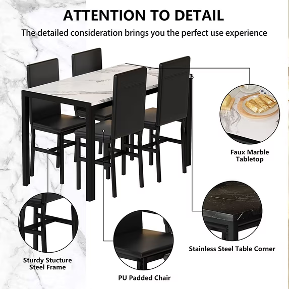 Cvortll 5 Piece Dining Room Furniture Table Set，30.1” H Faux Marble Tabletop and 4 PU Leather Chairs