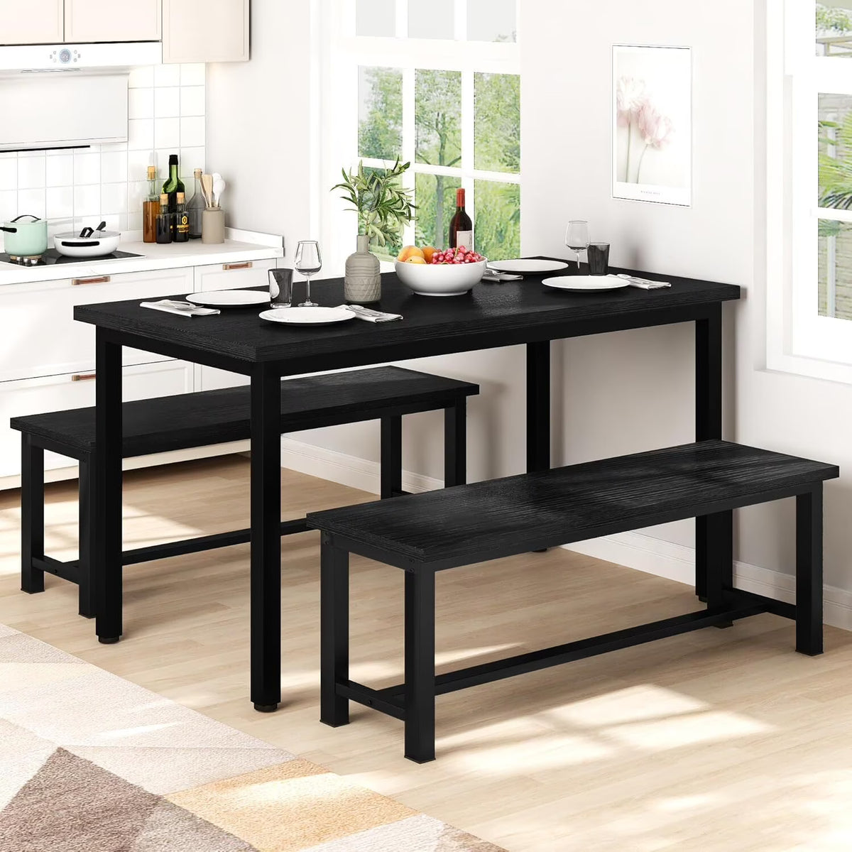 MOOSENG 2 Pack 39 Inch Industrial Dining Bench Set of 2 Black Kitchen Bench with Metal Legs Durable and Stable for Dining Room Living Room Bedroom Entryway