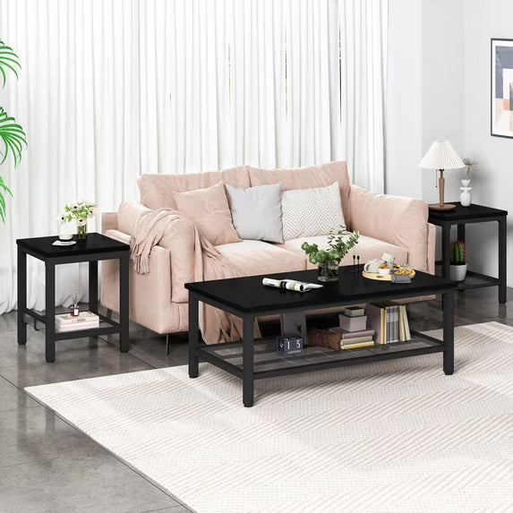 MOOSENG Coffee Table Set of 3, Industrial Vintage Wood Coffee Table with 2 Square End Side Tables, Easy Assembly Living Room Table Set for Offices, Living Rooms and Apartments