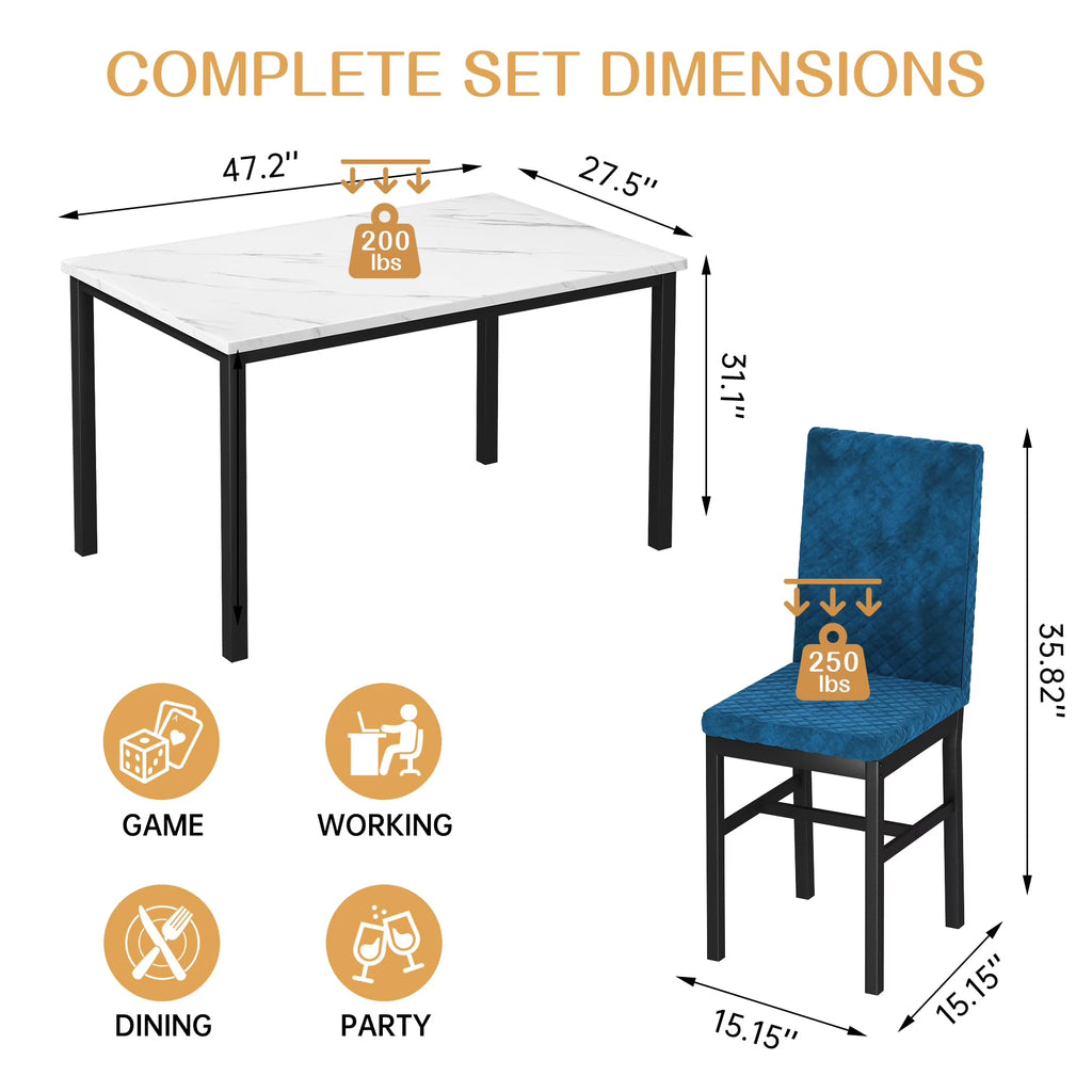 MOOSENG Small Dining Table Set for 4, 5 Pieces Dining Room Sets with Faux Marble Table & Velvet Chairs, Modern Kitchen Table Set with Chair for 4